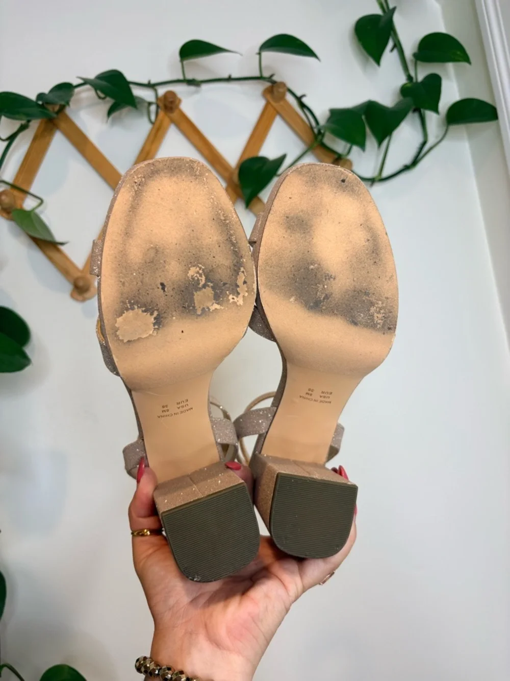 NINA Shelia Nude Glitter Net Block-Heel Platform Sandals With Ankle Strap